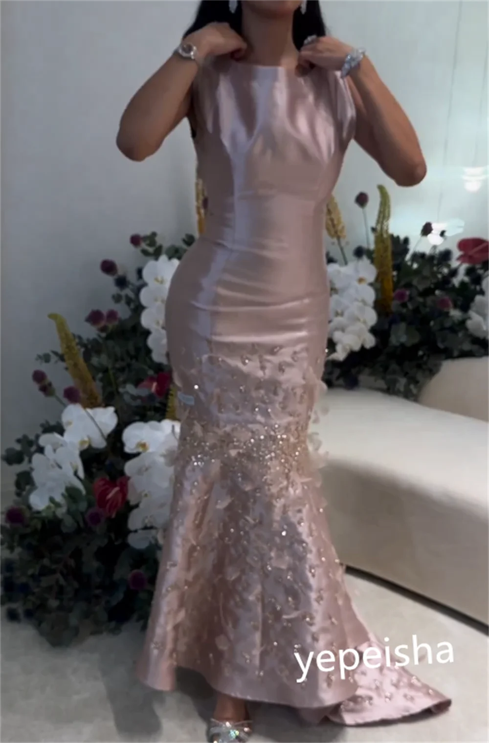 Exquisite Customized Jewel Mermaid Floor Length Beading Paillette / Sequins vestido de festa casamento فستان س