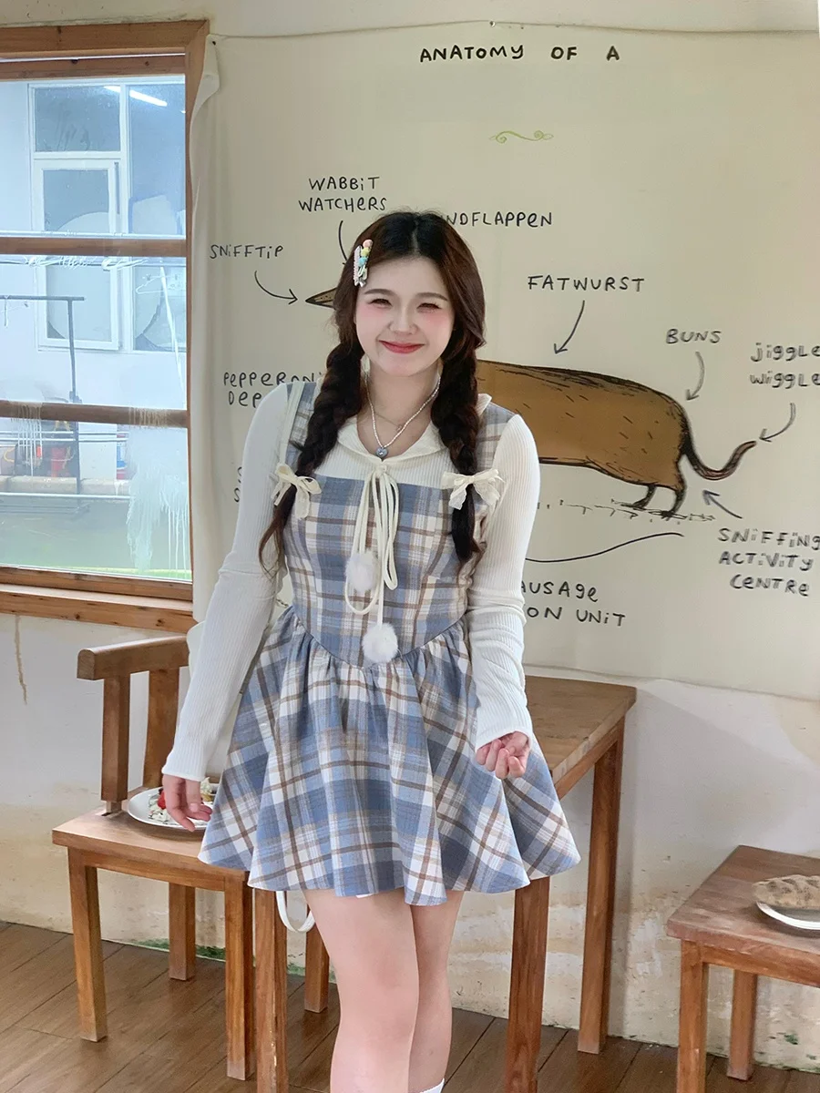 

Sweet Salted Milk Dress Slimming Waist Doll Collar plus Size Girl School Style A-Line Dress Polyester Fiber No Sleeve V-Neck