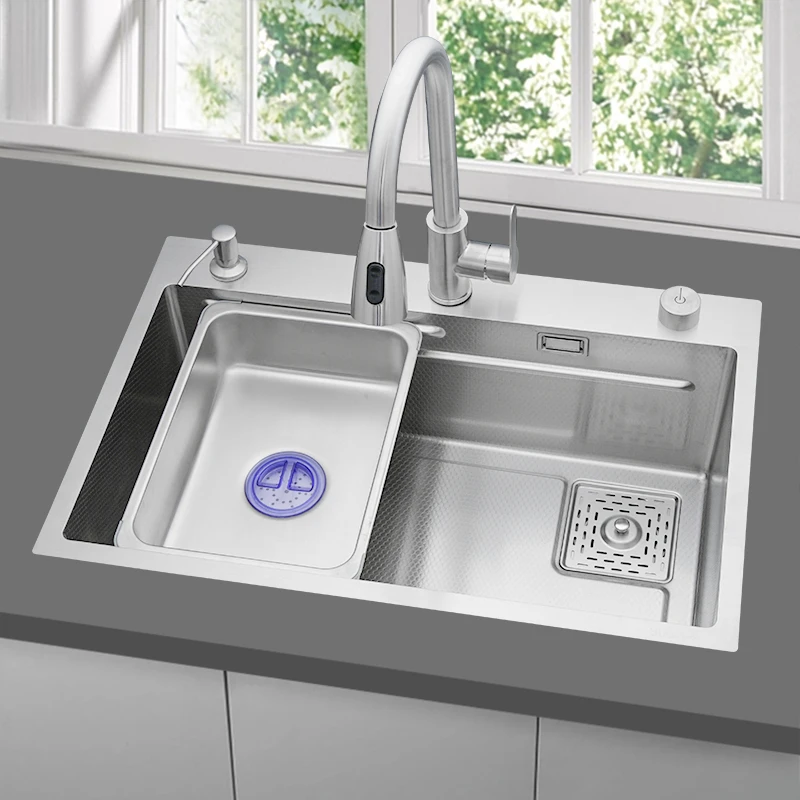 Modern Design Kitchen Sink Single Bowl with Spray Faucet Two Holes 304 Stainless Steel Silver