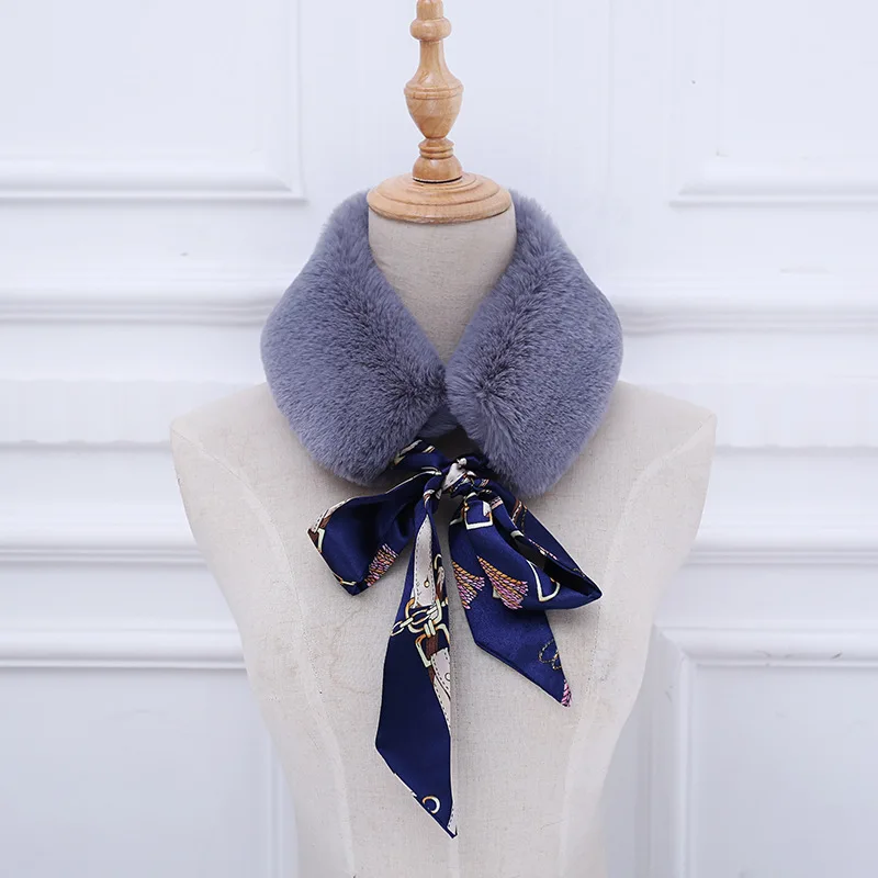 Syal bulu imitasi kelinci gaya Korea baru untuk musim dingin, syal pita, kerah bulu, warna solid, serbaguna, trendi