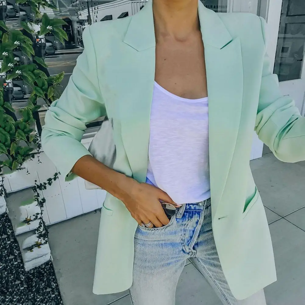 Blazer leve de manga comprida feminino com bolsos, cardigã chique, terno de escritório fino, jaqueta casual