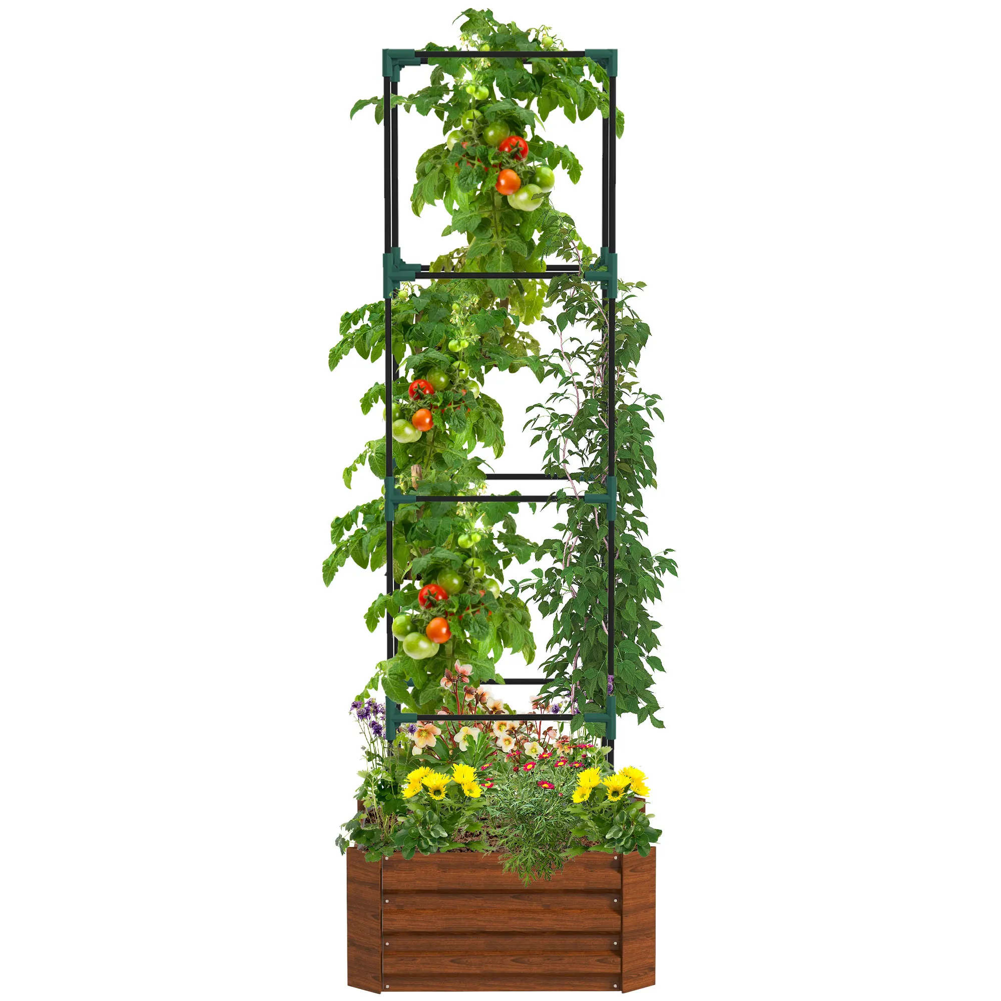 Galvanised Raised Garden Bed with Tomato Cage, Open Bottom, Brown