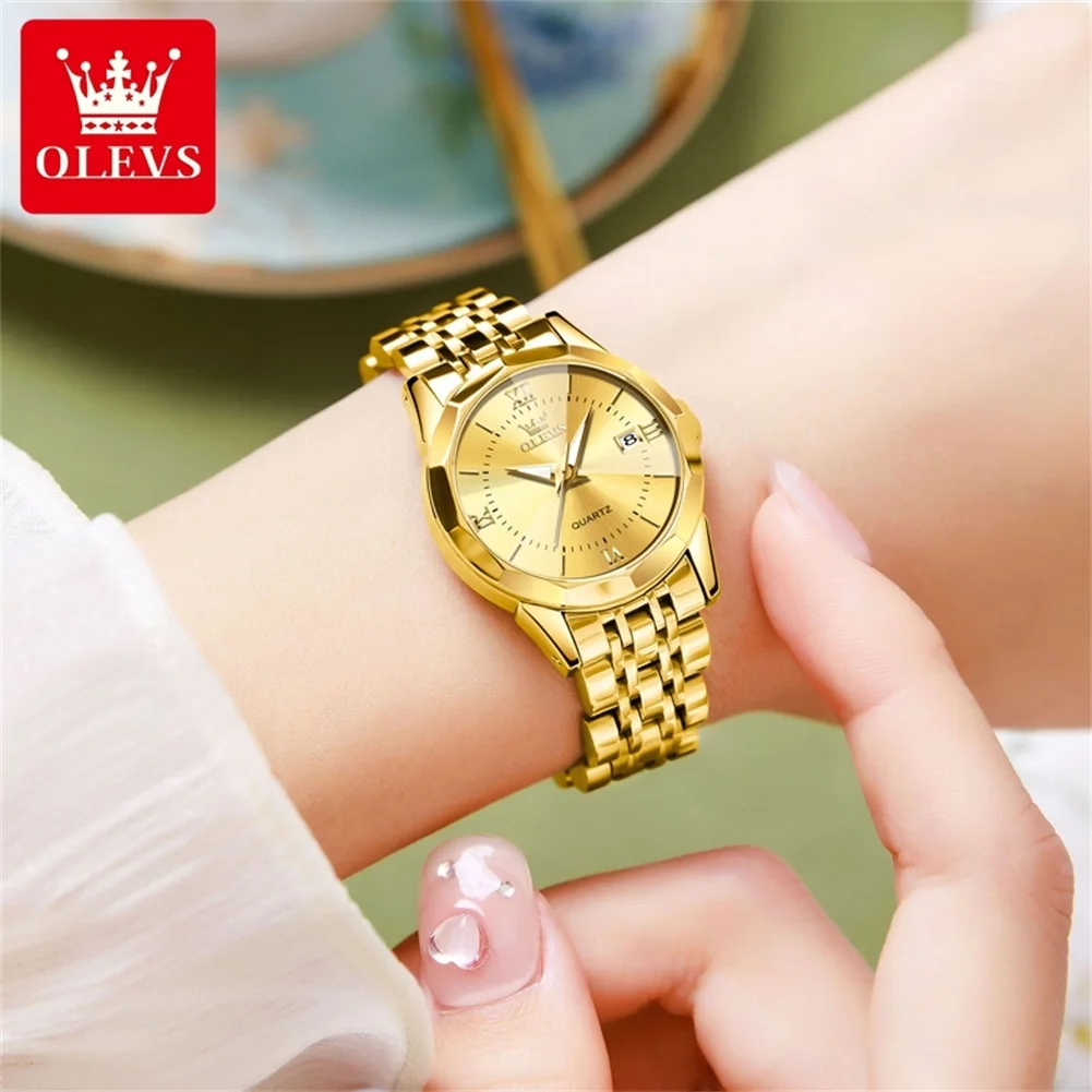 OLEVS Luxury Brand Women's Watches Prismatic Mirror Stainless steel Waterproof Dual Calendar Elegant Quartz Watch for Ladies Set