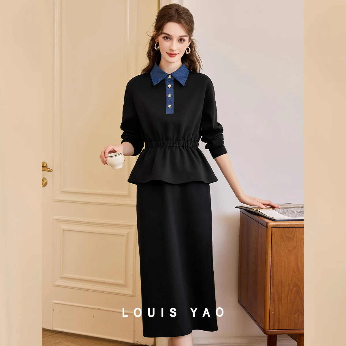 LOUIS YAO Color-Block Two-Piece Set 2025 Autumn Knitted Micro Elastic Fitted-Waist Splicing Knit Hoodie & Midi Skirt Women's Set