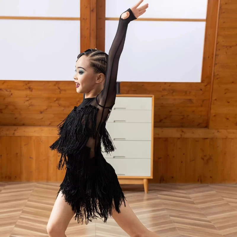 소녀 섹시한 라틴 댄스 드레스 블랙 어린이 전문 경쟁 볼룸 댄스 드레스 Tassel Tanggo Cha-cha Waltz Dancewear