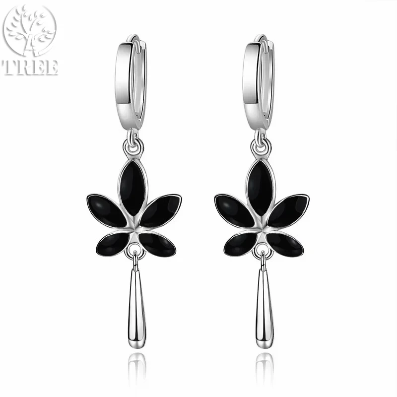 

ALITREE Vintage Trendy Black Maple Leaf Earrings For Women Chic 925 Sterling Silver Earring Water Droplets Tassel Ear Jewelry