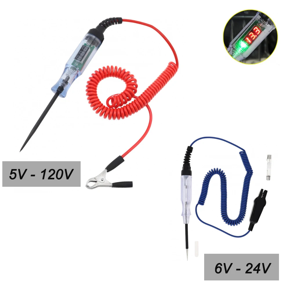 

1 шт. тестер автомобильных цепей со светодиодной лампой, 5-120 В/6-24 В, тест с пружинным проводом для автомобилей/грузовиков/мотоциклов/электрических автомобилей