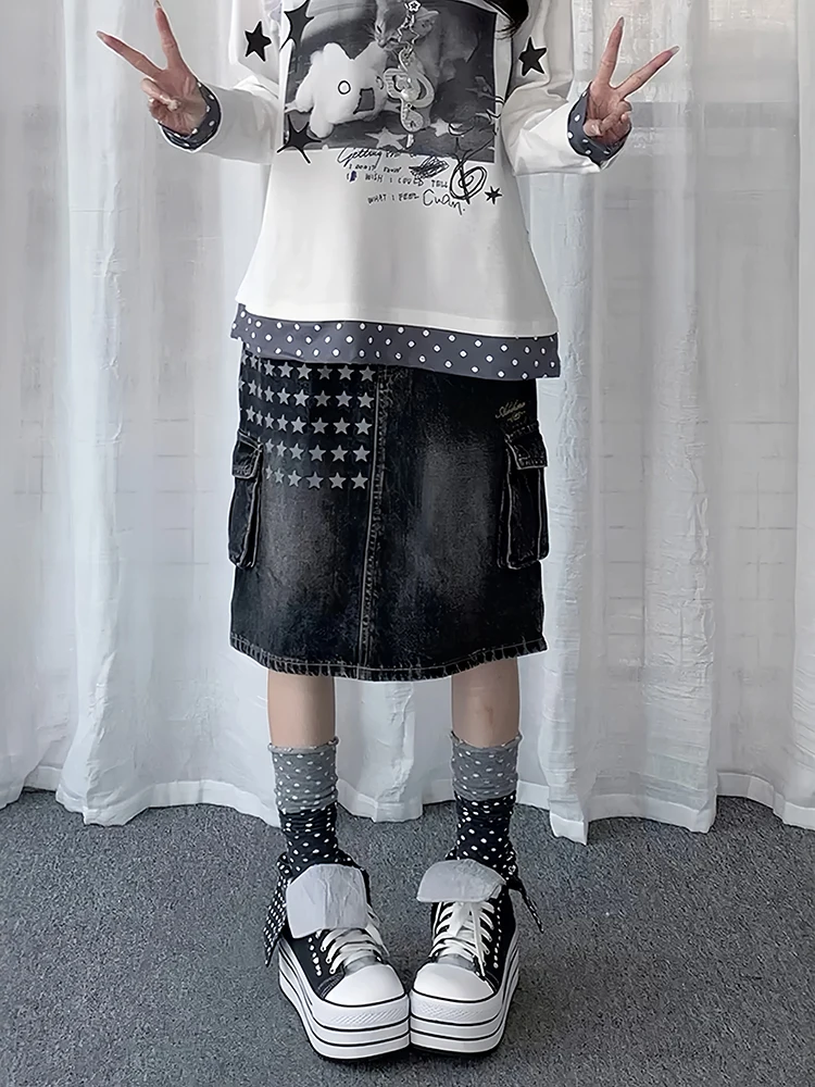 REDDACHiC Star Print Long Jean Skirt Women Y2K Retro Low Waist Distressed A-line Multi-pocket Denim Cargo Skirt Grunge Clothes