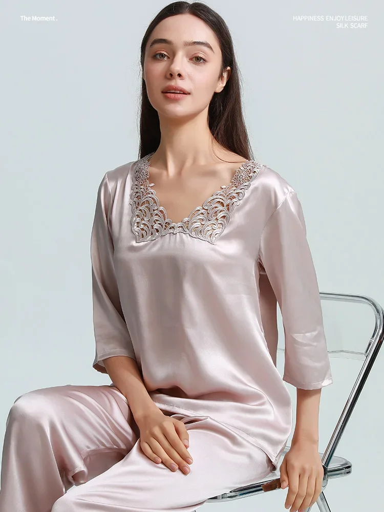 100% Mulberry Silk Women's Pajamas Set Sleepwear Pjs Button Down Half Sleeves Shirt Top and Trousers Loungewear 2 Piece Pajama