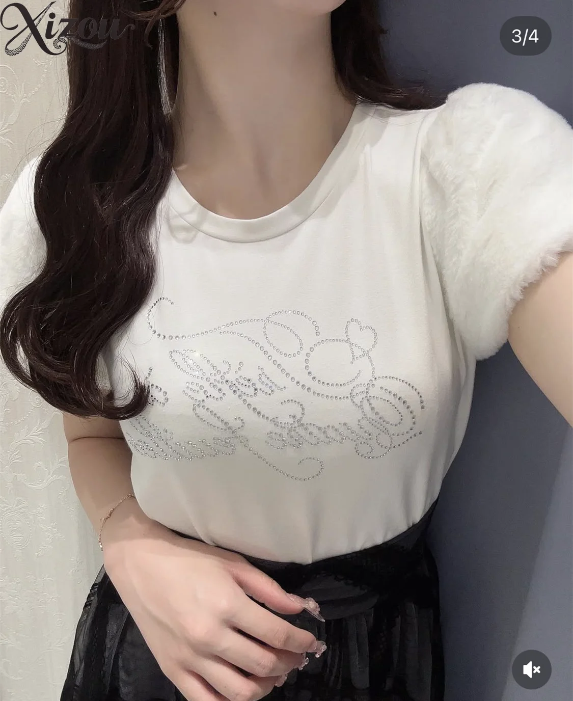 

Y2K Women Beaded Rhinestone Round Neck Short Puff Fluffy Bubble Sleeve T-Shirt Letter Top High Waist A-Line Spring Autumn