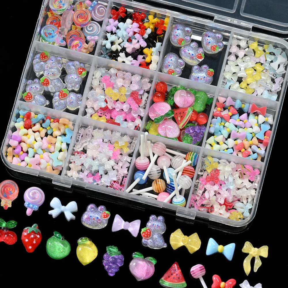

12 сеток 3D Kawaii мини-бантик из смолы для дизайна ногтей, очаровательный ледяной прозрачный леденец, кролик, фрукты, ногти со стразами, милый галстук-бабочка, маникюр