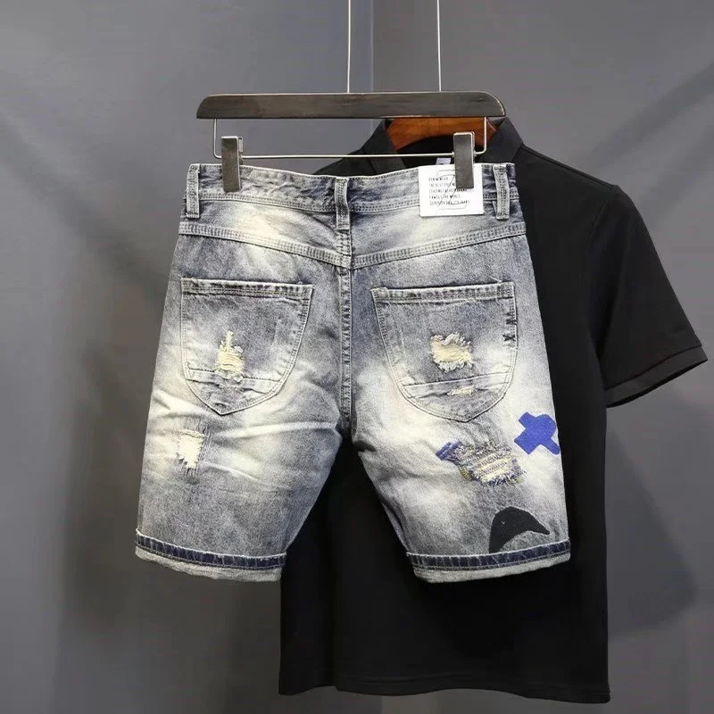 Pantalones cortos de mezclilla con parches rasgados para hombre, pantalones vaqueros lavables de Hip Hop, pantalones cortos medianos casuales, moda