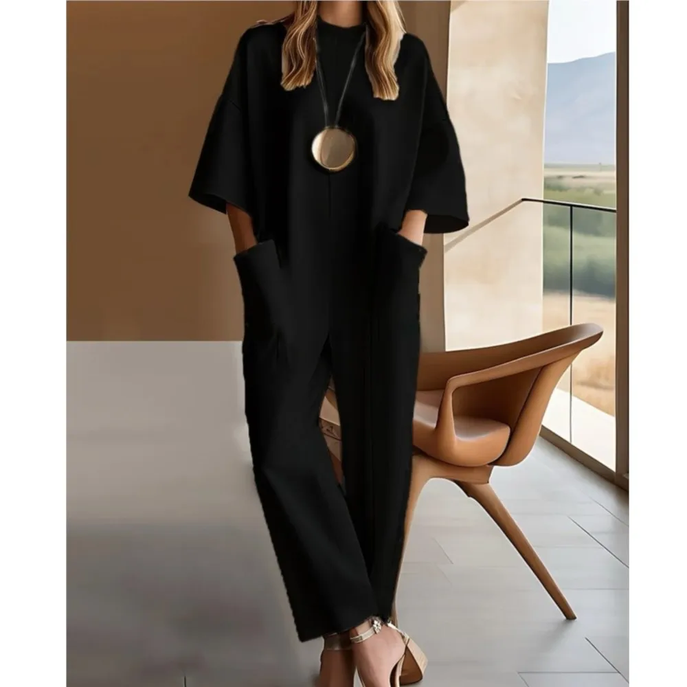 Five-quarter Sleeve Pocket Solid Color Long Jumpsuit Spring Summer New Women's Casual Round Neck Trousers Комбинезон Женский