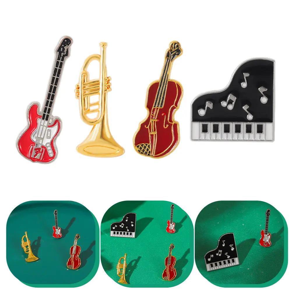 4Pcs Musical Instrument Brooch Guitar Violin Piano Creative Badge Clothing Pin Decorative Brooch for Hat Bag Backpack