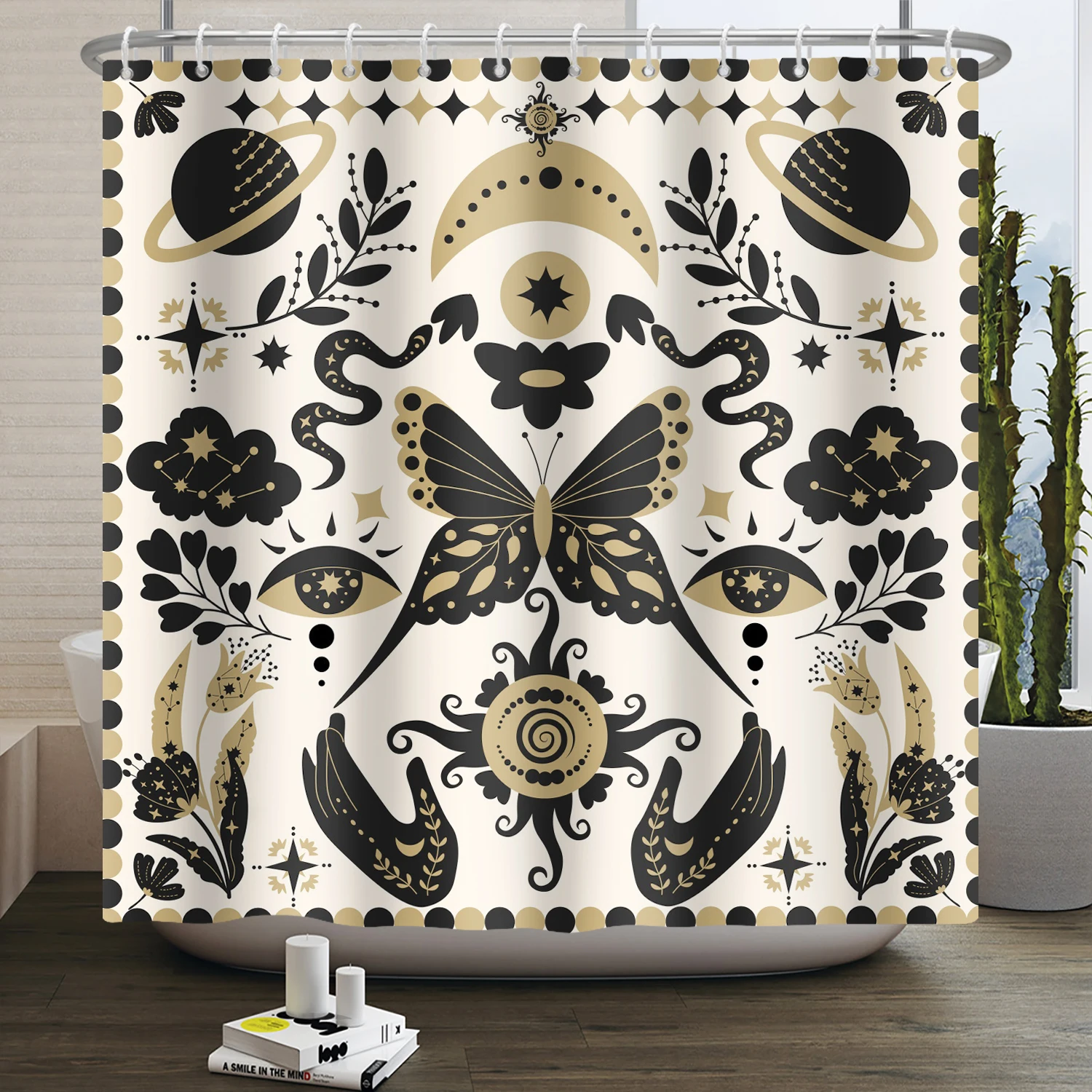 Moth Shower Curtain Moon Phase Butterfly Mushroom Psychedelic Tarot Gothic Shower Curtain for Bathroom Waterproof Bath Curtain