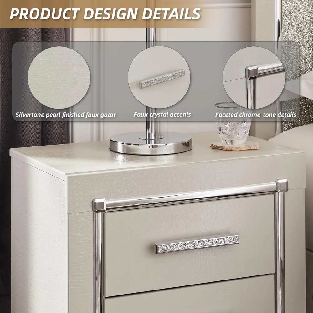 Design exclusivo da Ashley Zyniden Glam Mesa de cabeceira com 2 gavetas com carregamento sem fio e portas USB, 24,45 de altura, bege e cromado