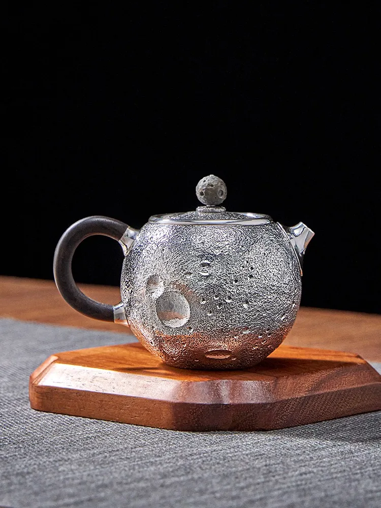 99.9% Pure Silver Tea Pot Handmade Carved Lunar Meteorite Face Chinese Tea Set Small Silver Pot Soaking Tea Pot