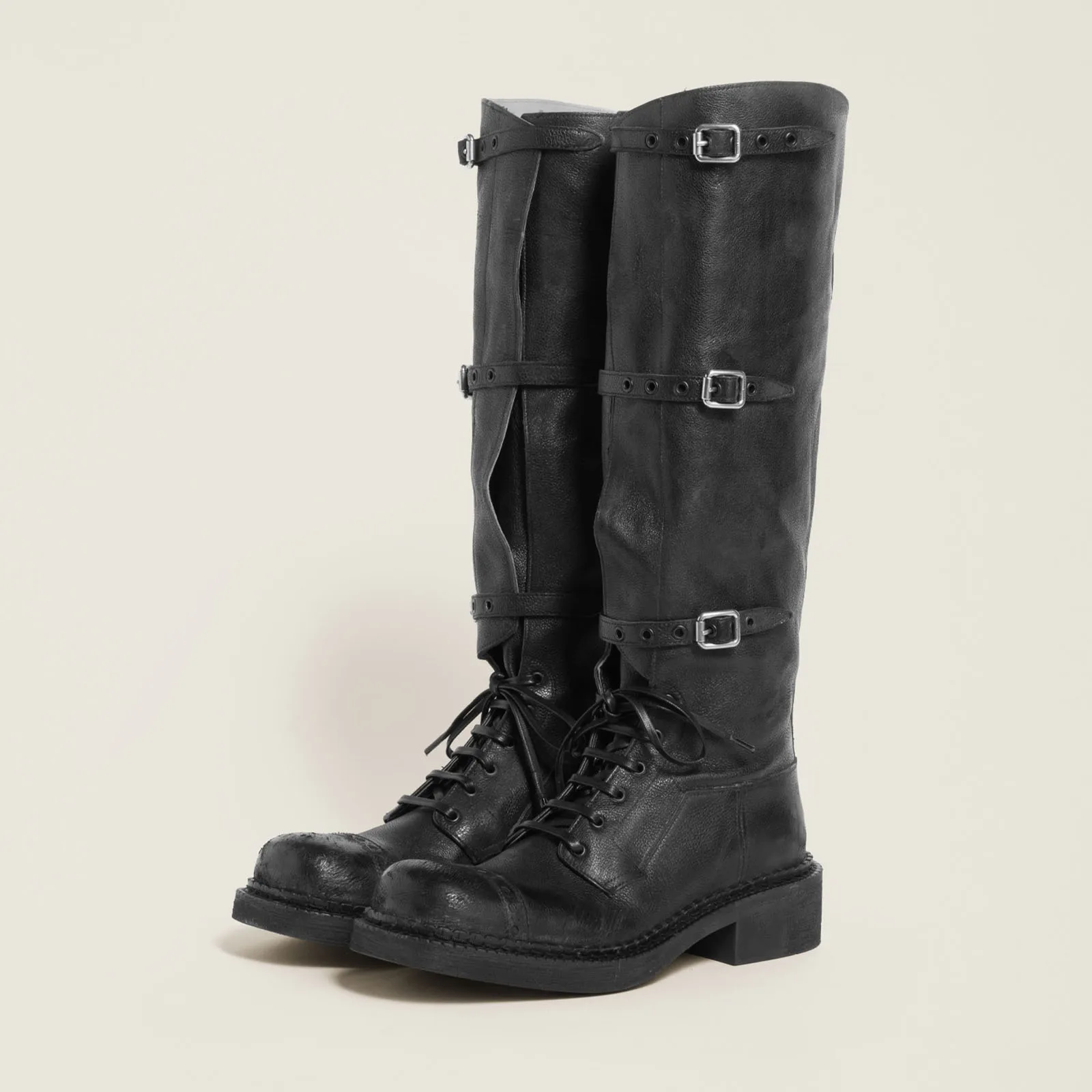 Arden Furtado Autumn platform Lace Up Knight boots Round toe Pull-on Chunky Heels Belt buckle Knee high boots Motercycle Boots