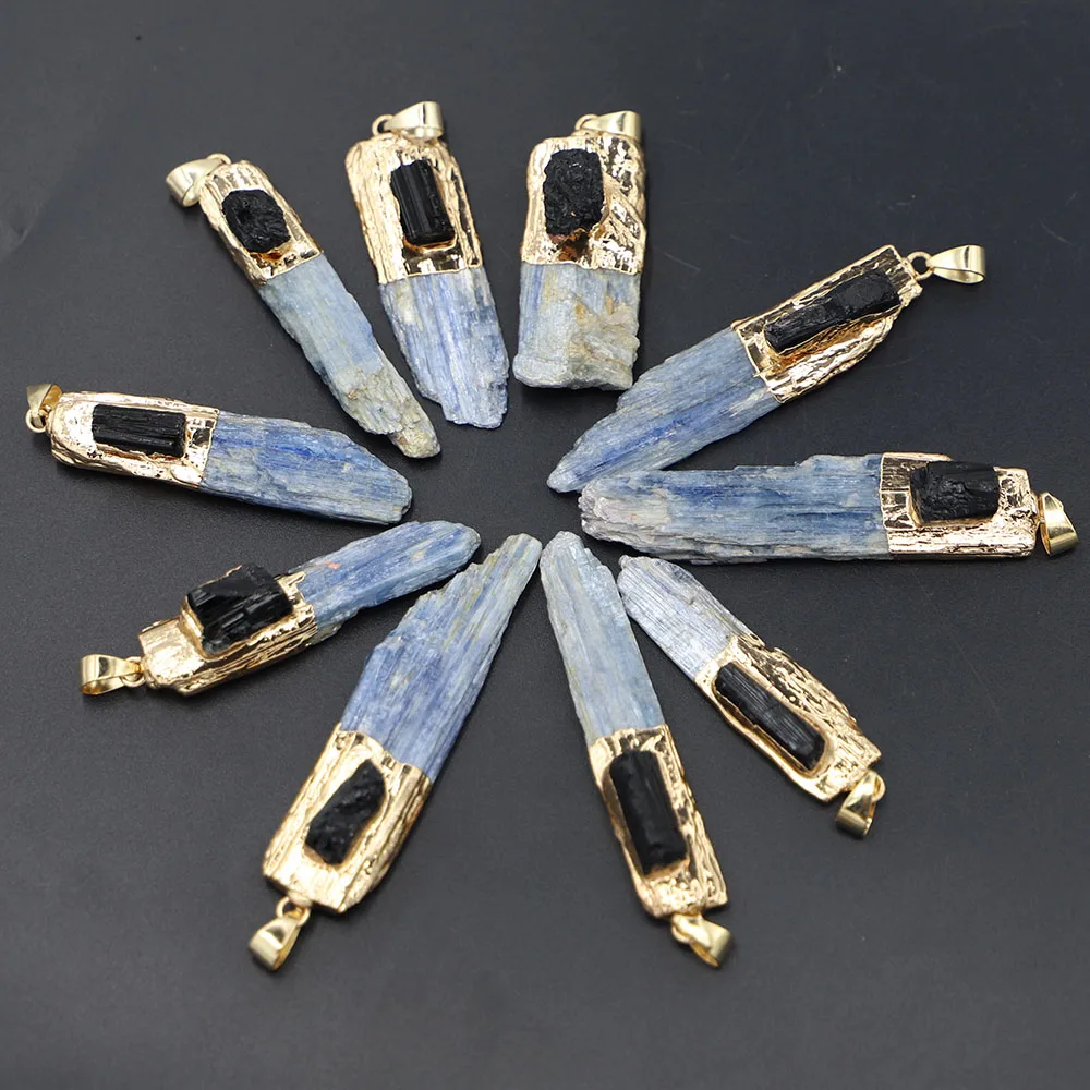 

Natural Blue Crystal Irregular Raw Stone Inset Black Tourmaline Strip Pendant Necklace Mineral Column Jewelry Wholesale 5Pcs/Lot