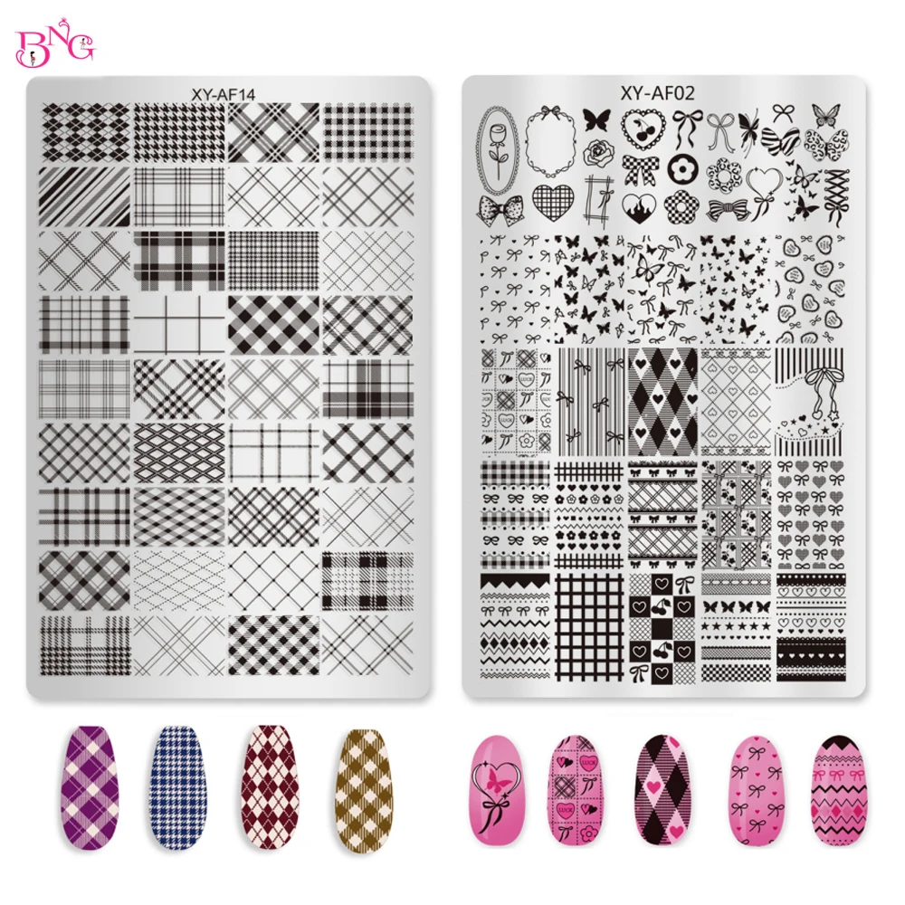 

BNG Plaid Nail Stamping Plate Love Animals Star Nail Printing Stencil Templates Nail Art Stamper Manicure Tools