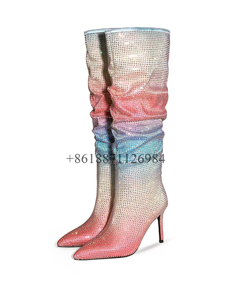 Rainbow Color Women Knee-High Stacking Boots Pointed Toe  Thin High Heel Fashion Pleated Bling Boots Comfortable And Soft