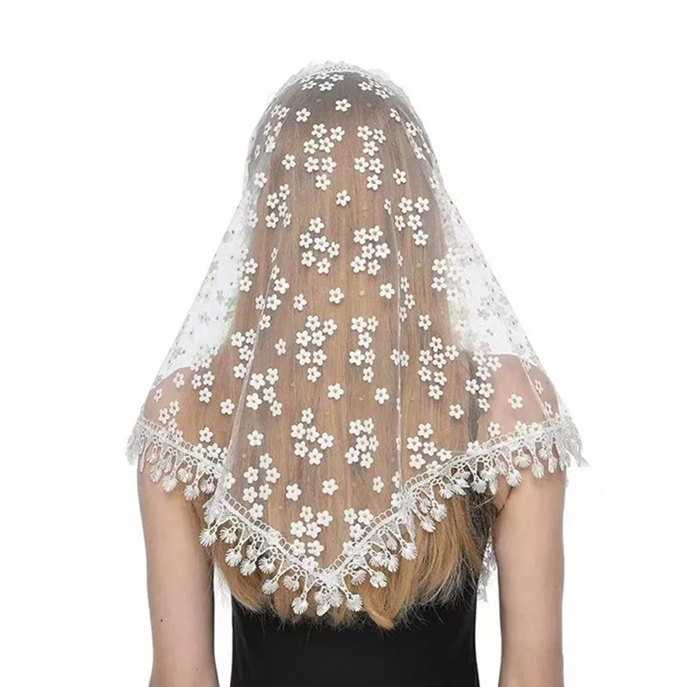 Fashion Patchwork Women Tulle Shawl Hollow Flower Tassel Triangle Scarf Multicolored Mantilla Lace Veil Wedding Accessories