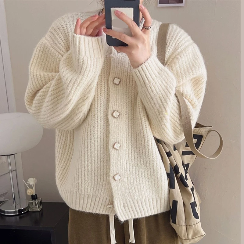 Rimocy Autumn Winter Women's Knitted Cardigan Round Neck Single Breasted Sweater Women Solid Warm Long Sleeve Cardigans Female