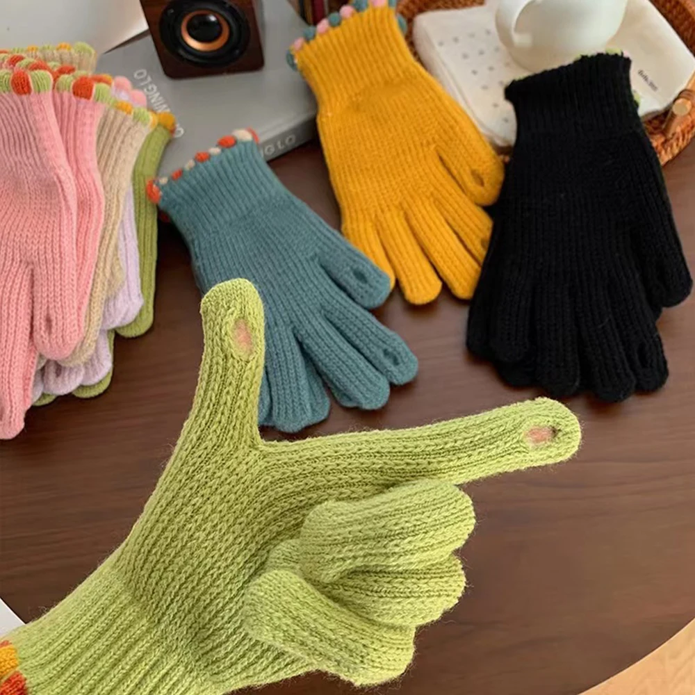 Knitted Woolen Gloves Female Winter Keep Warm Mittens Touch Screen Riding Split Finger Thick Gloves Full Finger Woolen Gloves