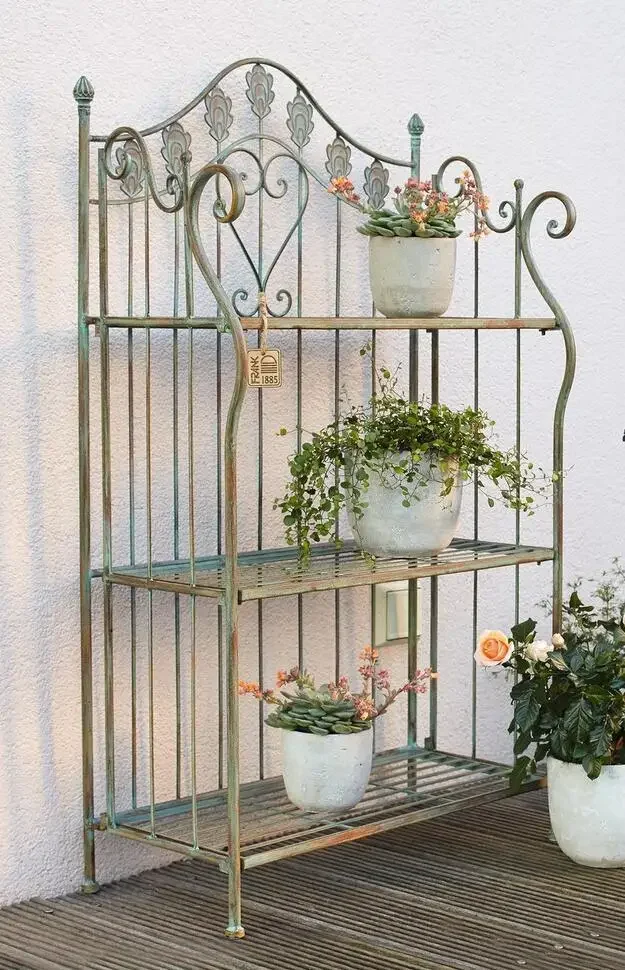 French style rural vintage iron art, dark green vintage cast iron flower rack storage rack