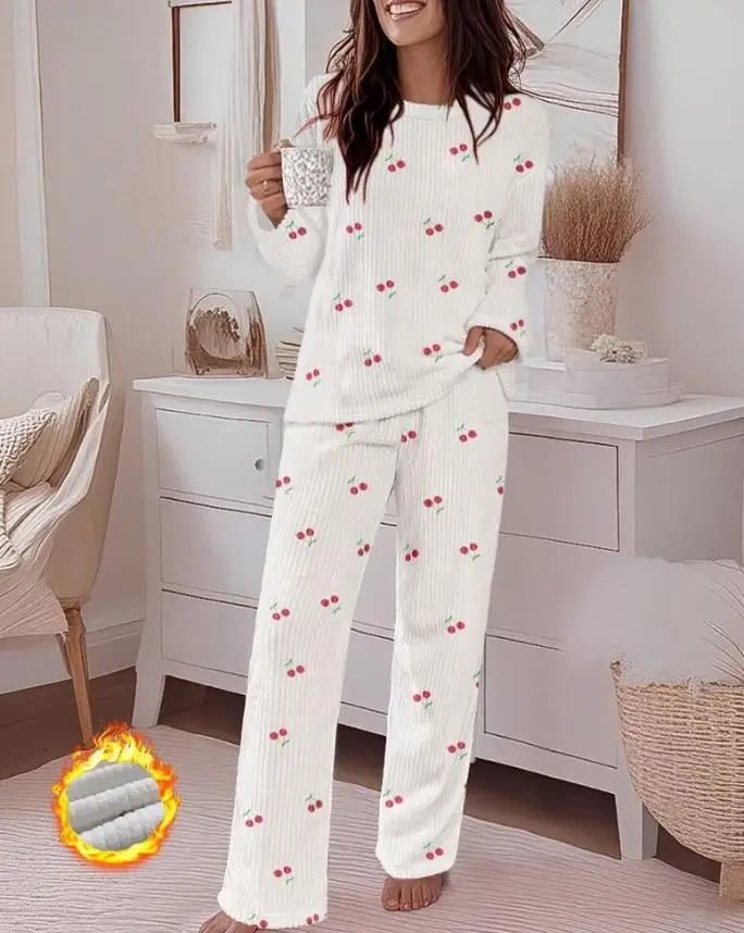 

2 Pieces Outfit Cherry Print Round Neck Drop Shoulder Top and Elastic Waist Pants Set Casual Ribbed Flannel Pajamas Set