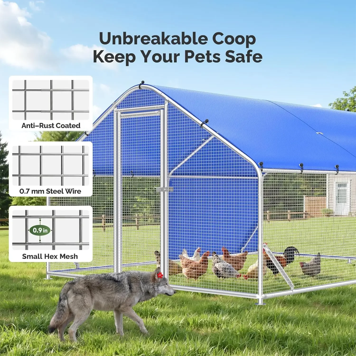 Large Metal Chicken Coop Run with Galvanized Hardware Cloth for 20 Chickens Ducks Chicken Runs for Yard with Waterproof Cover
