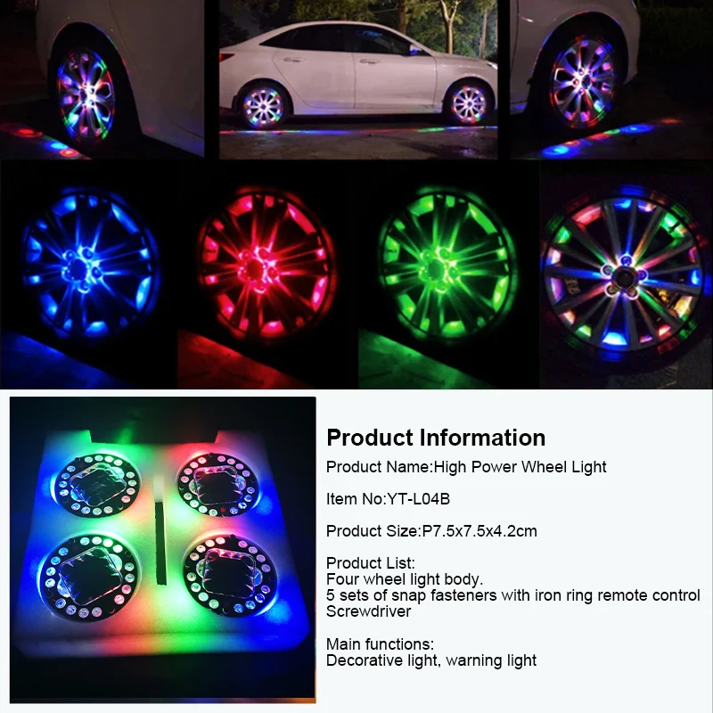 4Pcs Car Hub light RGB Solar Tire Colorful Ambient Lamp Remote Control Solar Energy Flash Wheel Lamp Car Decoration Accessories