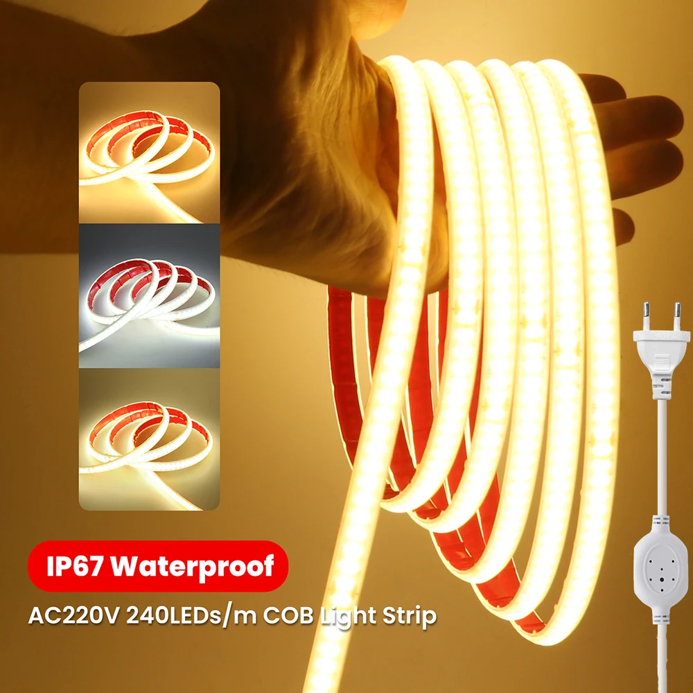 

220V COB LED Strip Light with IC Power Plug 240LEDs/m Flexible Tape Clear Silicone Tube Lamp Linear Lighting Warm Natural White