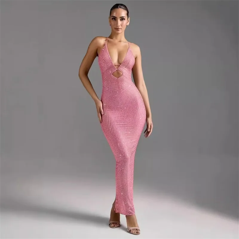 Beige Pink Women Prom Dress Luxury Crystals Sexy Hollow Sleeveless Long Sheath Party Gown Formal Prom Banquet Birthday Robe
