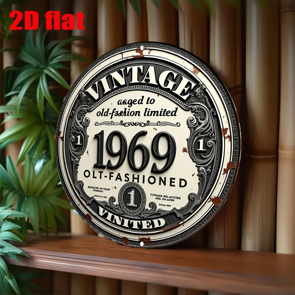 2D Flat, 2D Flat Vintage 1969 Aluminum Wall Plaque Vintage UV Printed Metal Hanging Board, Limited Edition Distressed Design