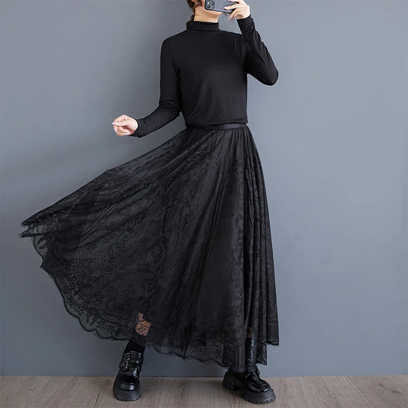 Large Size Women's Skirt 2024 Spring and Autumn Korean New Item Hollow Lace Splicing Design Loose Skirts Female Mujer Falda