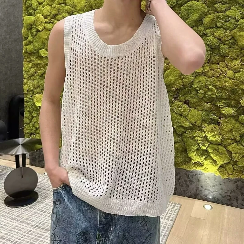 Men Hollow Out Mesh Loose Casual Vests Sports Street Sleeveless O-Neck Tank Kntiwears Tops Summer Quick Dry Erotic Top
