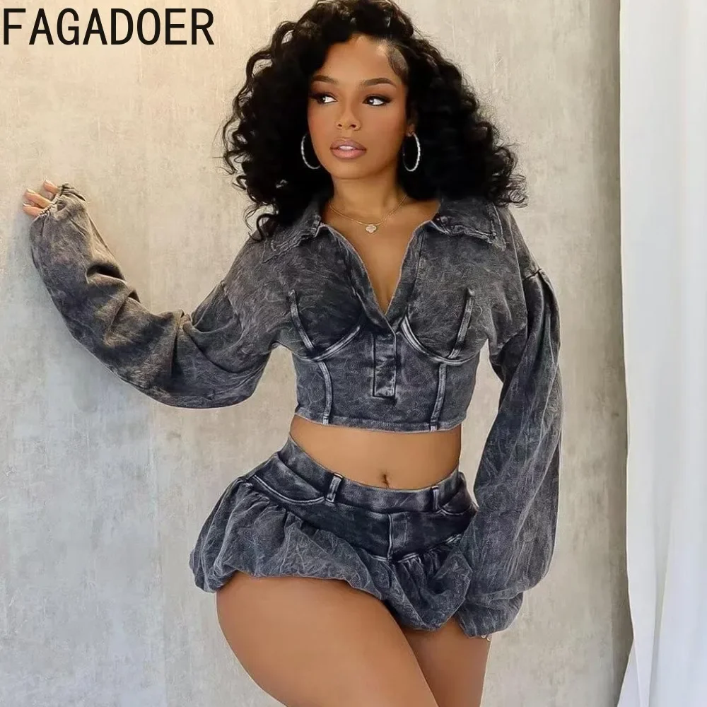 FAGADOER INS Trendy Tie Dye 2 Piece Sets Outfit Women Quality Long Sleeve Crop Top and Pleated Skirts Suits Autumn Streetwear