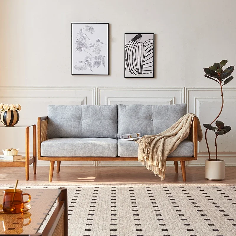 Solid Wood Sofa, Rattan Woven Armrest, Small Household Living Room Furniture, Fabric Art Sponge Seat, Rattan Wrapped Sofa