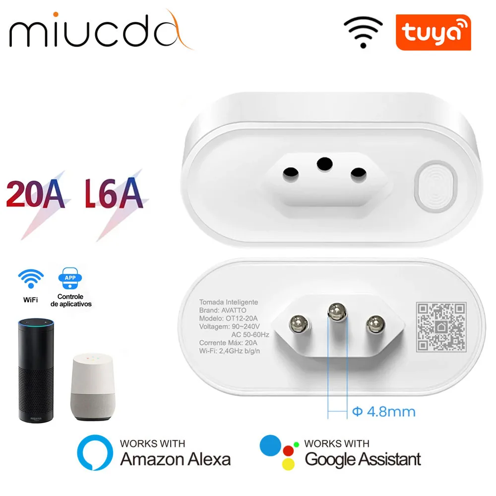 MIUCDA WiFi Tuya Smart Plug 16/20A Brazil Standard Smart Socket With Power Monitor APP Remote Compatible For Alexa Google Home