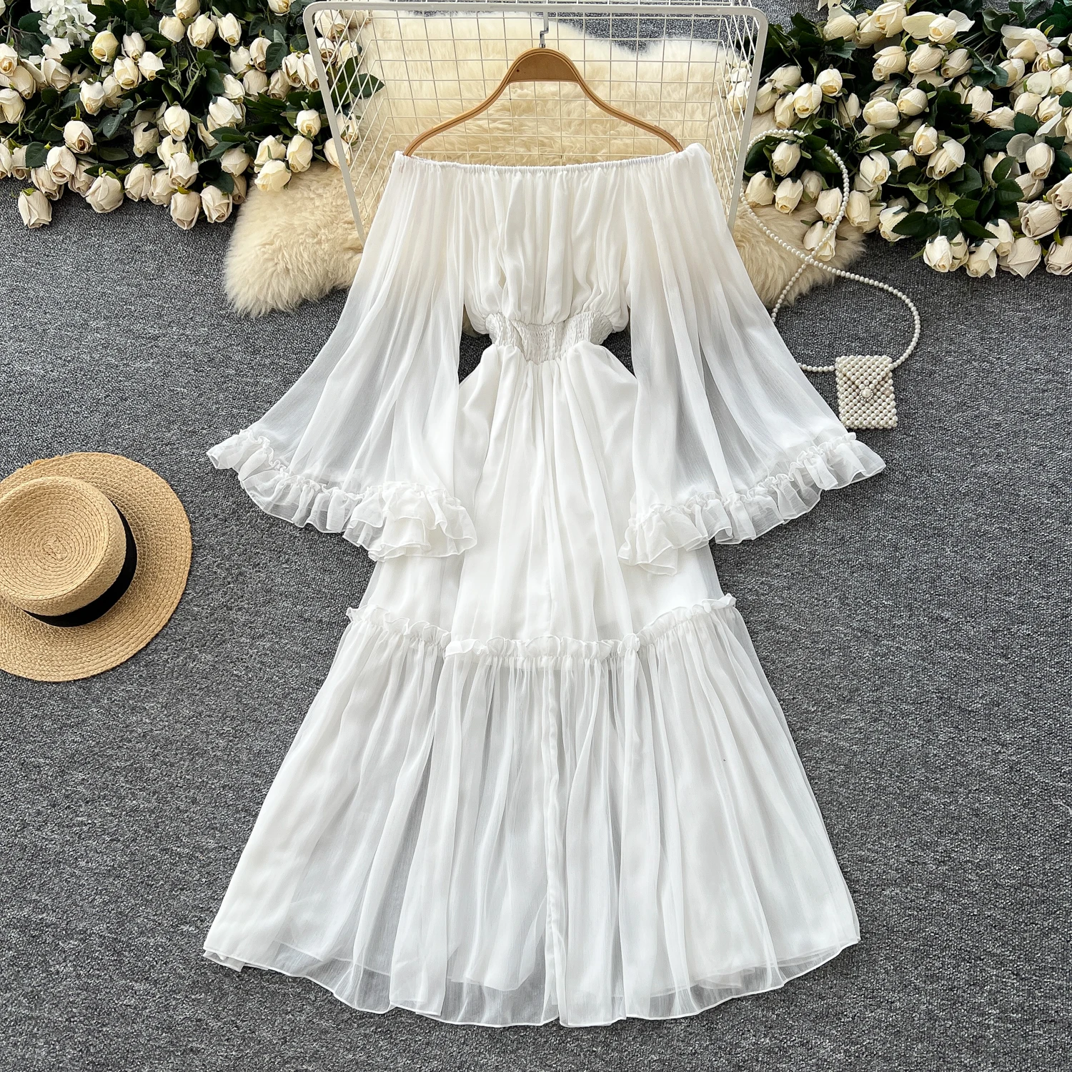 2025 ฤดูร้อนBodycon Flareแขนเสื้อจีบชุดเซ็กซี่ปิดไหล่Elegant Evening Partyผู้หญิงแฟชั่นVINTAGE Vestidos