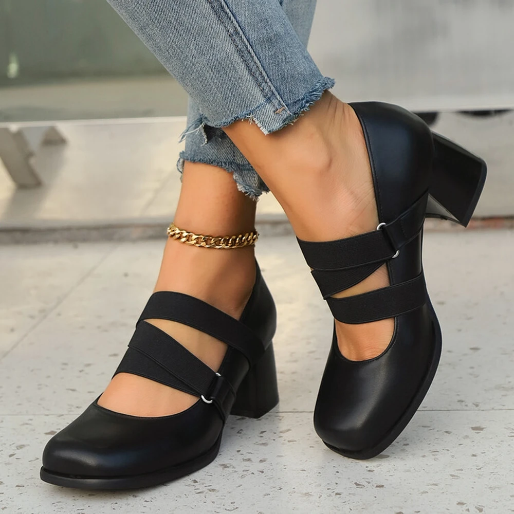 مثير موضة جديدة كعب خشن ماري جين النساء أحذية مريحة منصة الكعوب ساحة تو شريط مرن بسيط كبير الحجم 47 823-2