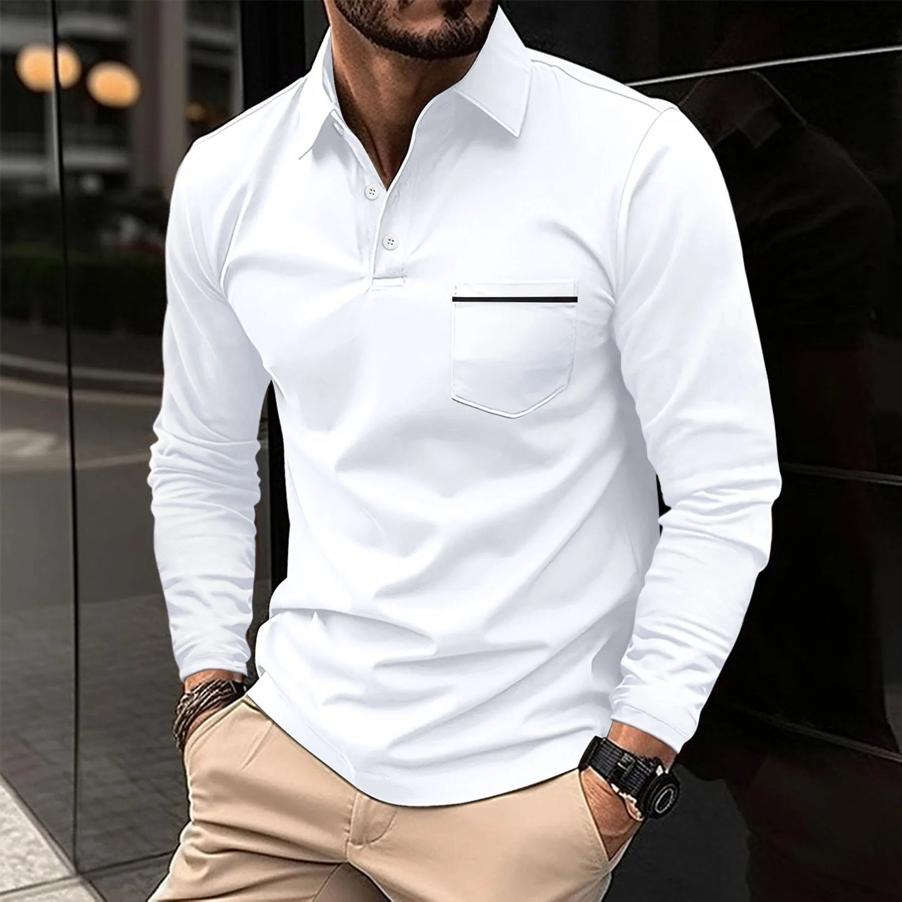

Men's polo Spring and autumn long sleeve polo shirt button pocket solid color lapel sports casual fashion men's wear