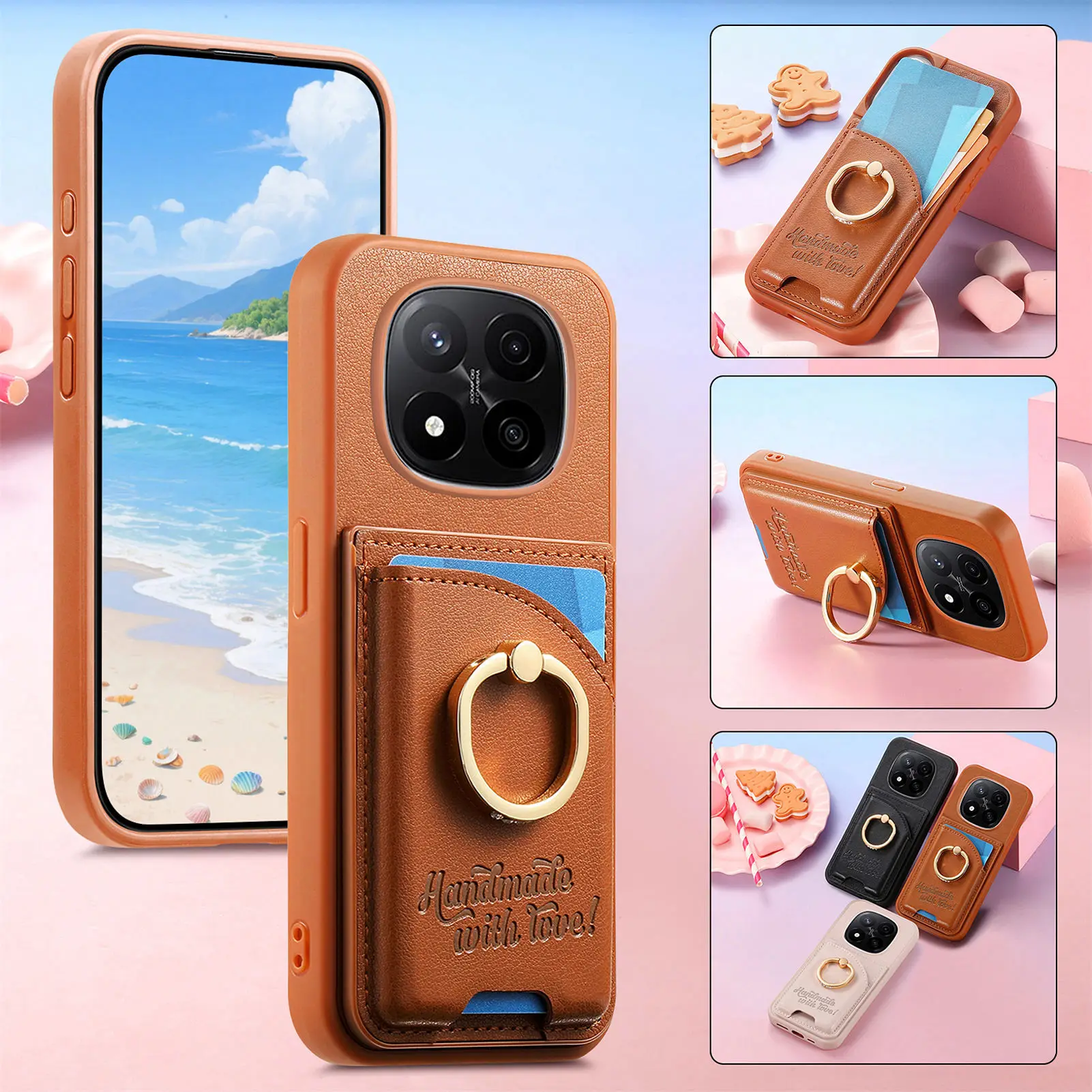 Funda tipo billetera de cuero con soporte de anillo Solt para tarjetas veterinarias, funda para bolsa con soporte a prueba de golpes para Redmi Note 15 14 Pro Plus 13 14C 13C