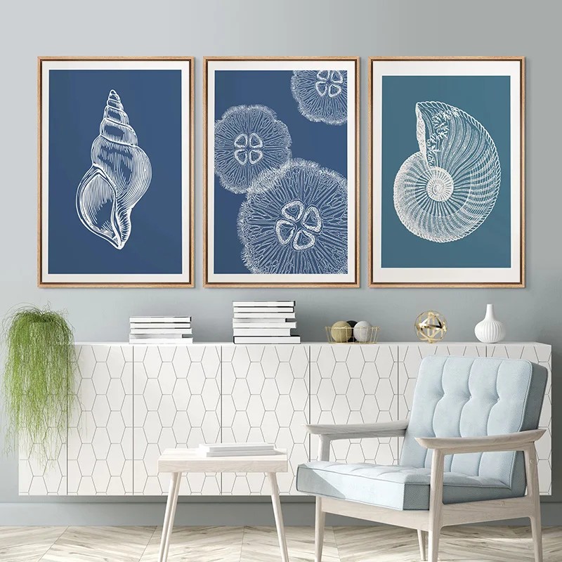Blue Coastal Sea Antique Seashell Sketch Starfish Jellyfish Conch Poster Canvas Painting Print Wall Art for Kids Room Home Decor