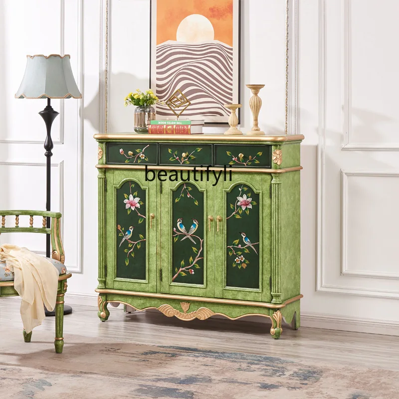 French Style Shoe Cabinet with Three Drawers and Three Doors, Emerald Green Storage and Organizer Sideboard Decoration
