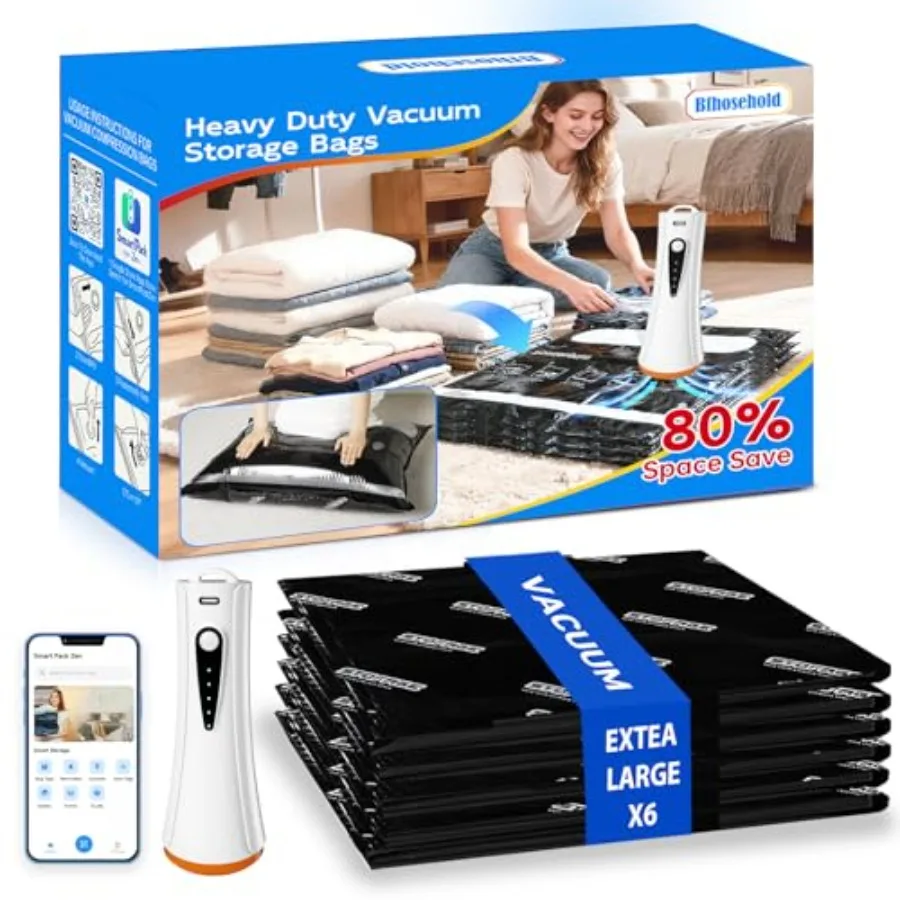 

Extra Large Vacuum Storage Bags with Electric Pump 6 Pack for Clothing Bedding Pillow Comforters Blankets Compression Bags Incl