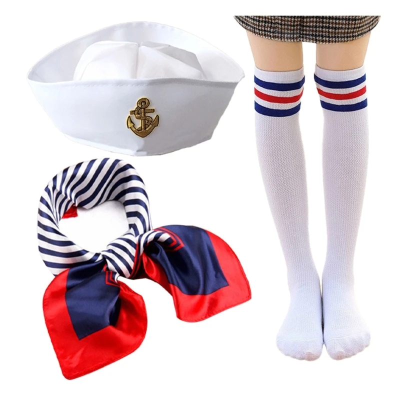 1set Women Male Sailor Hat with Headband/ Stockings/ Stripe Scarf for Halloween Party Navy Hat for Taking Photo Supplies