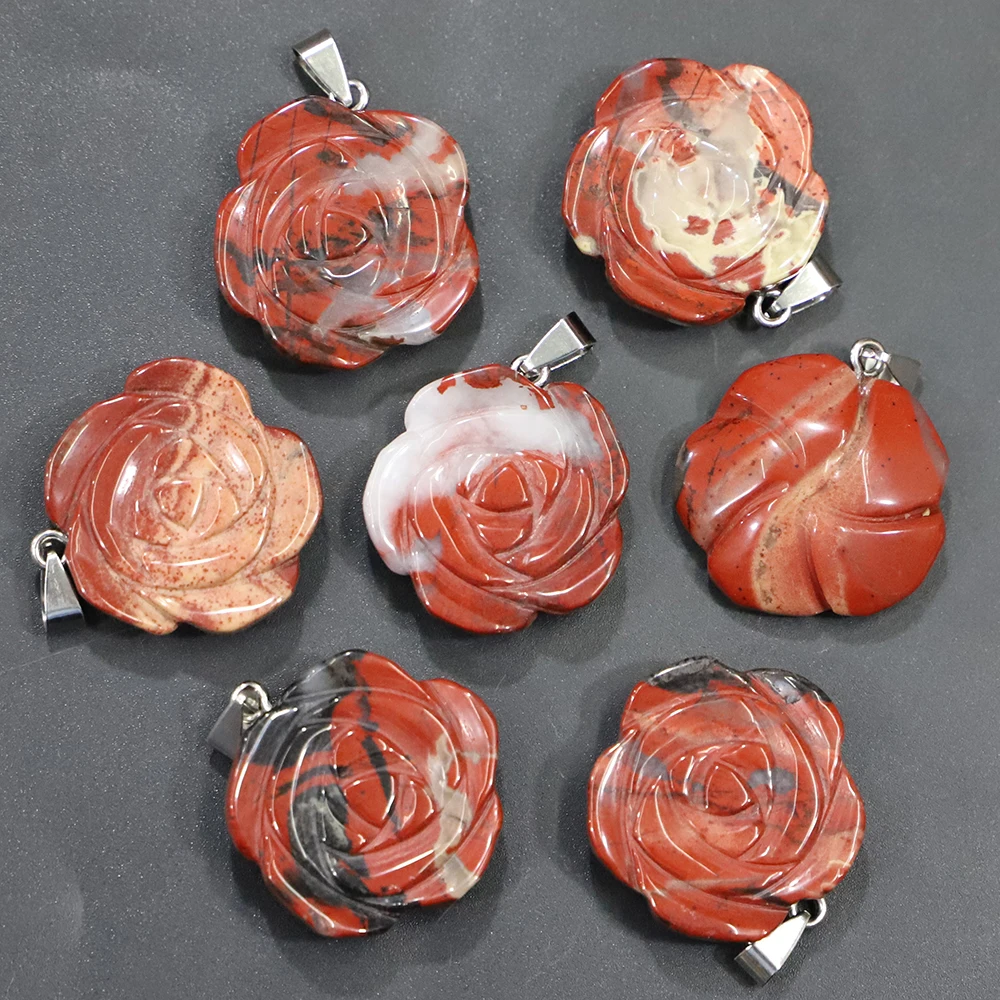 New Fashion Natural Stone Rose Flower Necklace Pendant Best Selling Carved Charms Jewelry Accessory Wholesale 6Pcs Free Shipping