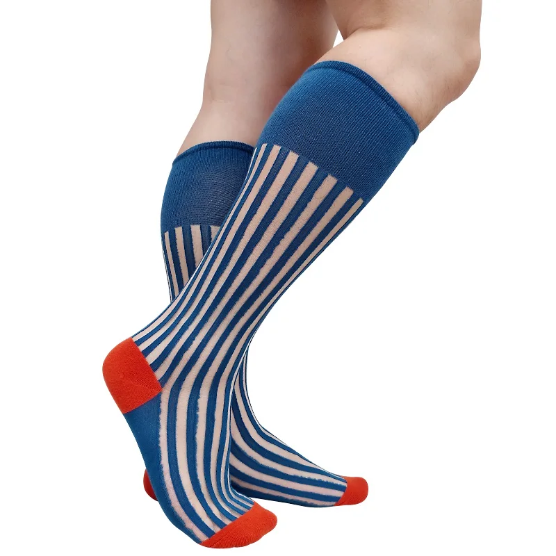 See Through Striped Mens Formal Socks Over the Calf Dress Suit Male Sexy Stocking Lingerie Business Long Tube Hose Softy Funny